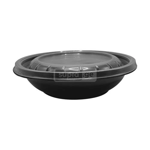 ერთჯერადი პლასტმასის მრგვალი შავი კონტეინერი თავსახურით 500მლ 1*100ც